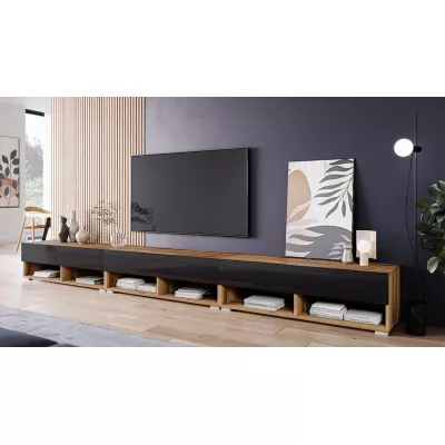 Televízny stolík 300 cm s LED osvetlením WILLA A - dub wotan / lesklý čierny