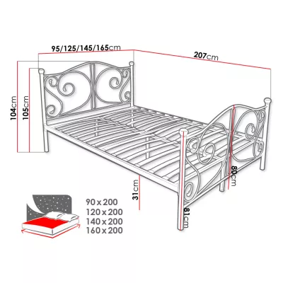 Kovová manželská posteľ 140x200 TRISTANA - čierna