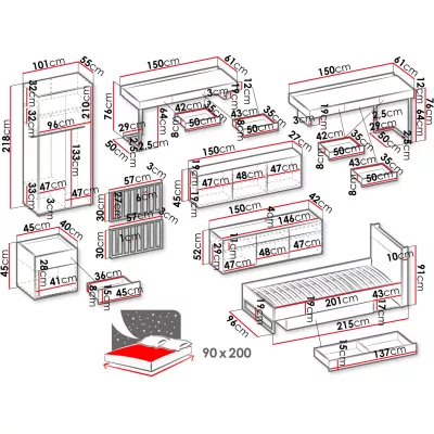 Študentská zostava s posteľou 90x200 SONRISA 8 - orech hickory / silk flow