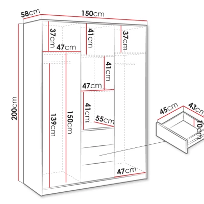 Šatníková skriňa so zrkadlom 150 cm OFELIA - biela