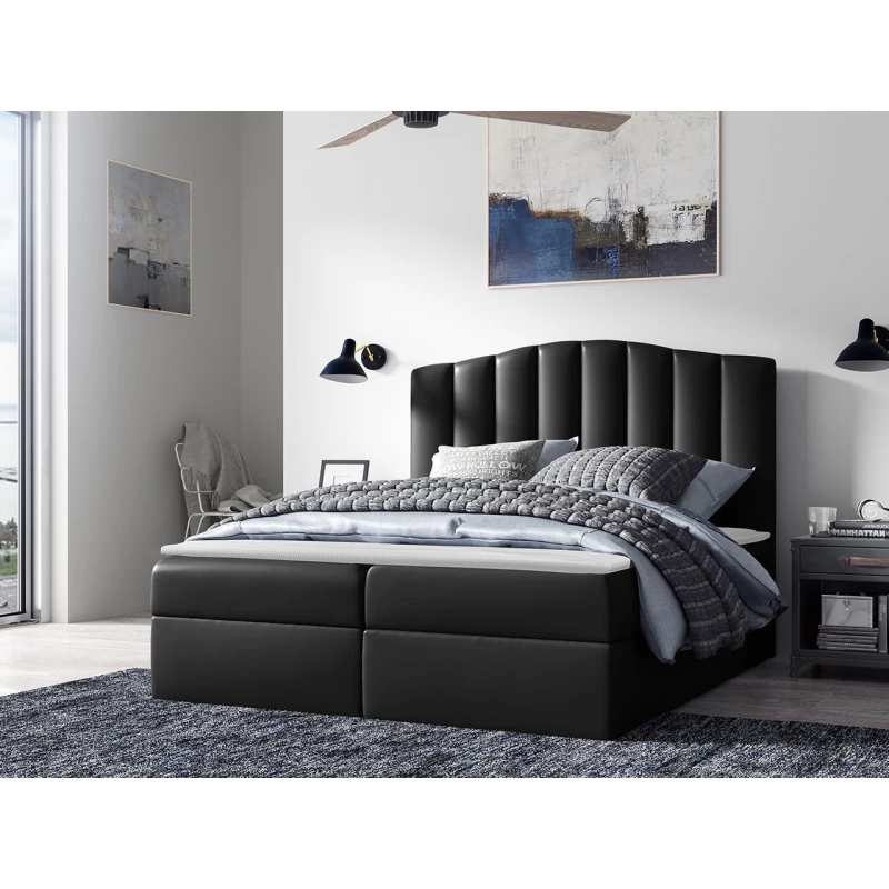 Boxspringová manželská posteľ 180x200 REYA - čierna ekokoža + topper ZDARMA