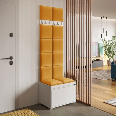 Predsieňová stena s nástennými čalúnenými panelmi CLENZE 1 - biela / žltá