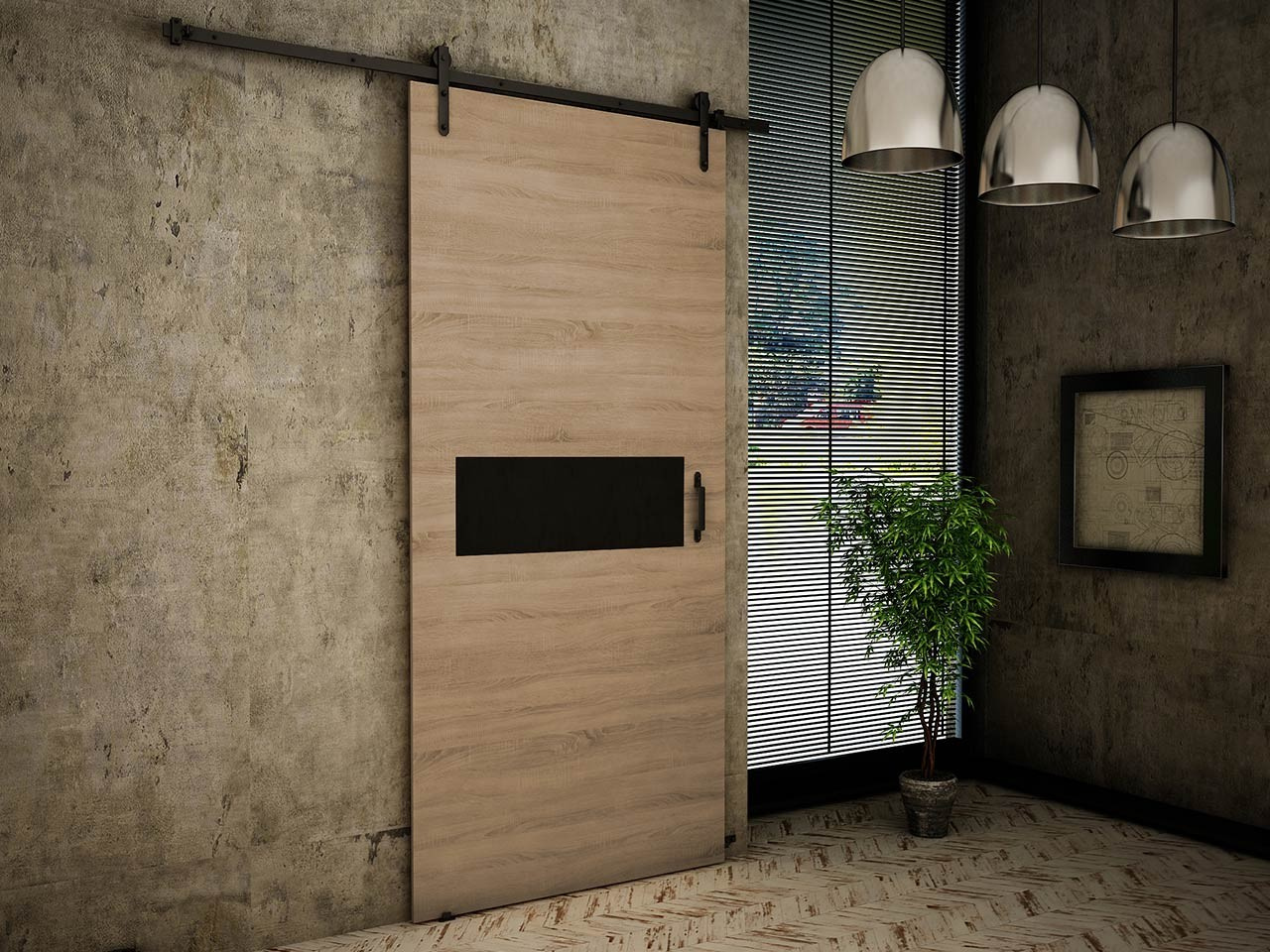 Posuvné interiérové dvere XAVIER 3 - 90 cm, čierne / dub sonoma