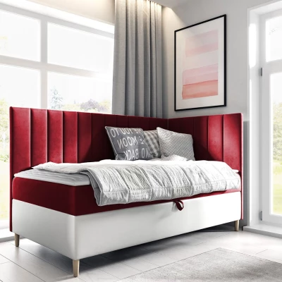 Boxspringová jednolôžková posteľ 90x200 ROCIO 3 - biela ekokoža / červená, pravé prevedenie + topper ZDARMA