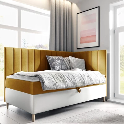 Boxspringová jednolôžková posteľ 90x200 ROCIO 3 - biela ekokoža / žltá, pravé prevedenie + topper ZDARMA