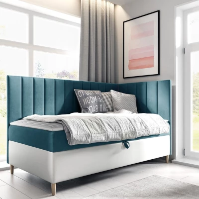 Boxspringová jednolôžková posteľ 90x200 ROCIO 3 - biela ekokoža / modrá 2, pravé prevedenie + topper ZDARMA