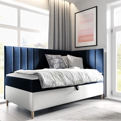Boxspringová jednolôžková posteľ 90x200 ROCIO 3 - biela ekokoža / modrá 1, pravé prevedenie + topper ZDARMA