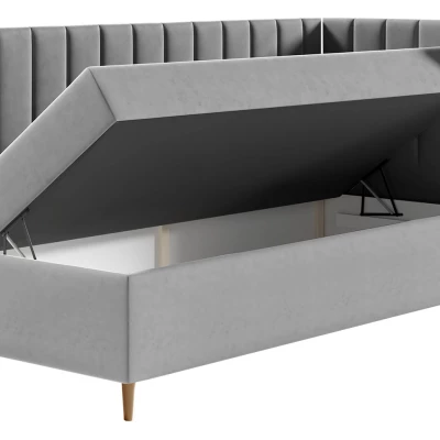 Boxspringová jednolôžková posteľ 90x200 ROCIO 3 - biela ekokoža / khaki, pravé prevedenie + topper ZDARMA