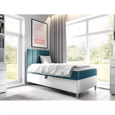 Hotelová jednolôžková posteľ 90x200 ROCIO 1 - biela ekokoža / modrá 2, pravé prevedenie + topper ZDARMA