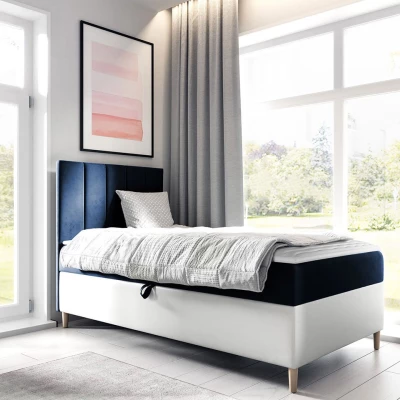 Hotelová jednolôžková posteľ 90x200 ROCIO 1 - biela ekokoža / modrá 1, pravé prevedenie + topper ZDARMA