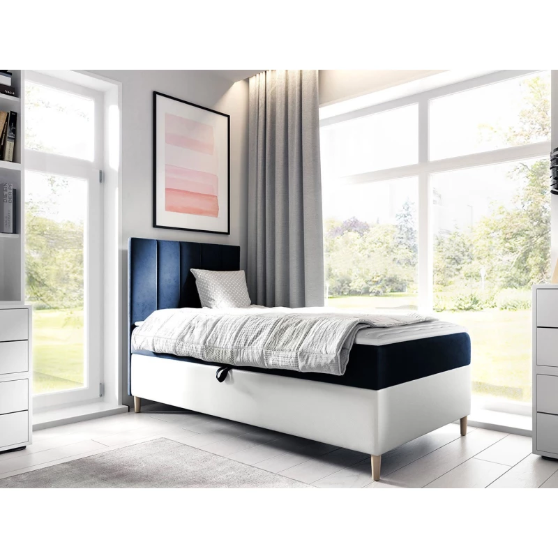 Hotelová jednolôžková posteľ 90x200 ROCIO 1 - biela ekokoža / modrá 1, pravé prevedenie + topper ZDARMA