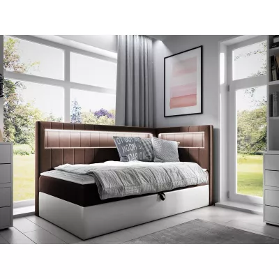 Kontinentálna jednolôžková posteľ 90x200 RAMIRA 3 - biela ekokoža / hnedá 1, pravé prevedenie + topper ZDARMA