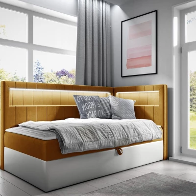 Kontinentálna jednolôžková posteľ 90x200 RAMIRA 3 - biela ekokoža / žltá, pravé prevedenie + topper ZDARMA