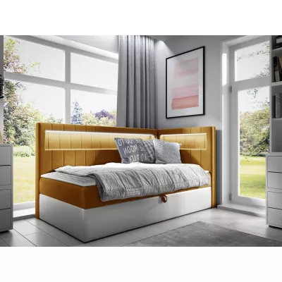 Kontinentálna jednolôžková posteľ 90x200 RAMIRA 3 - biela ekokoža / žltá, pravé prevedenie + topper ZDARMA