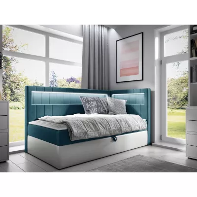 Kontinentálna jednolôžková posteľ 90x200 RAMIRA 3 - biela ekokoža / modrá 2, pravé prevedenie + topper ZDARMA