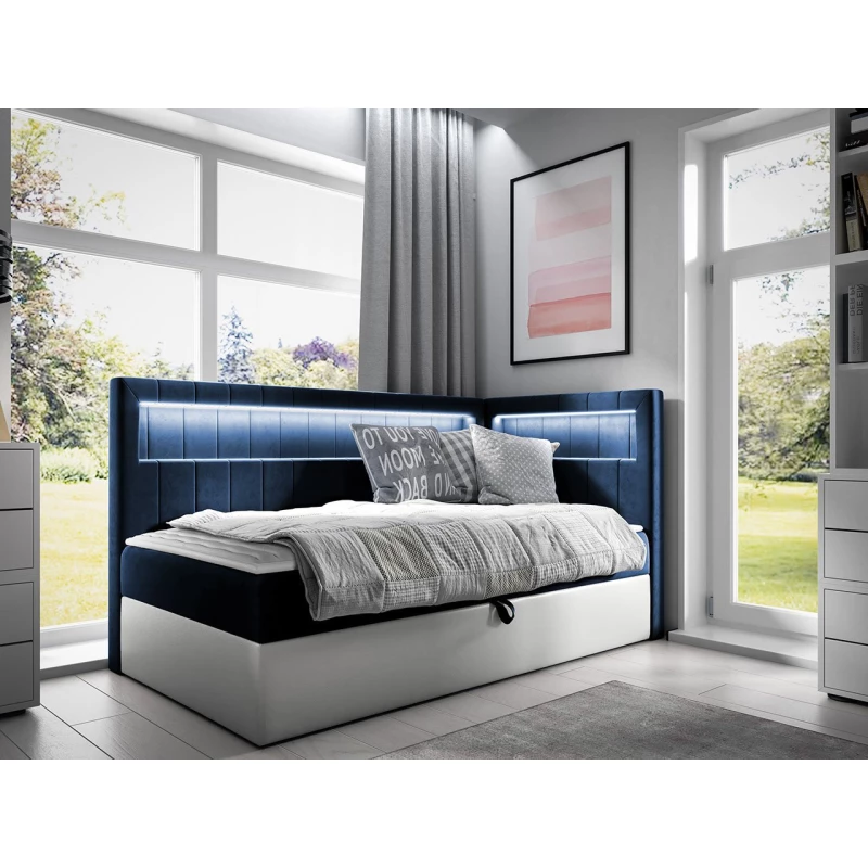 Kontinentálna jednolôžková posteľ 90x200 RAMIRA 3 - biela ekokoža / modrá 1, pravé prevedenie + topper ZDARMA