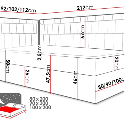 Kontinentálna jednolôžková posteľ 90x200 RAMIRA 3 - biela ekokoža / červená, pravé prevedenie + topper ZDARMA