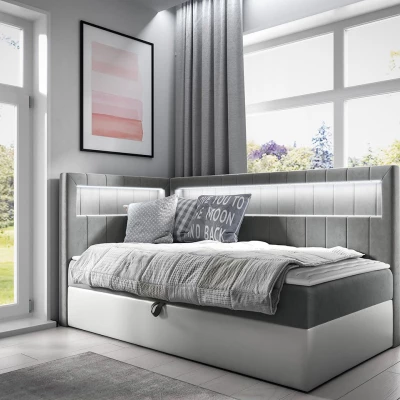Kontinentálna jednolôžková posteľ 90x200 RAMIRA 3 - biela ekokoža / šedá, ľavé prevedenie + topper ZDARMA