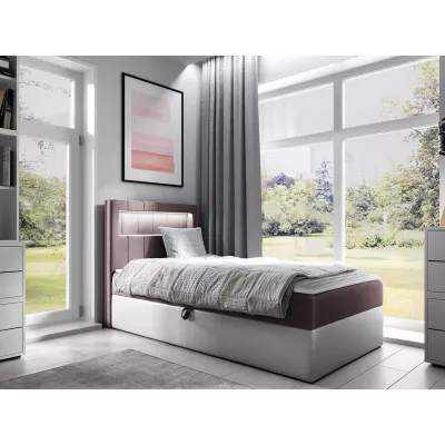 Kontinentálna jednolôžková posteľ 90x200 RAMIRA 1 - biela ekokoža / hnedá 2, pravé prevedenie + topper ZDARMA