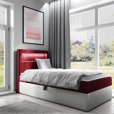 Kontinentálna jednolôžková posteľ 90x200 RAMIRA 1 - biela ekokoža / červená, pravé prevedenie + topper ZDARMA