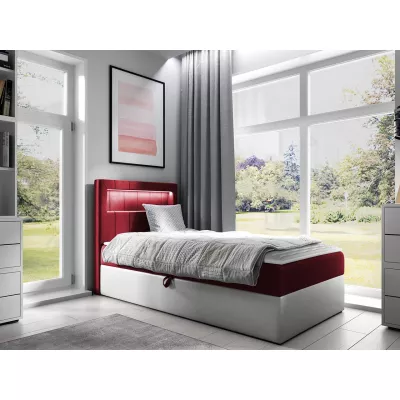 Kontinentálna jednolôžková posteľ 90x200 RAMIRA 1 - biela ekokoža / červená, pravé prevedenie + topper ZDARMA
