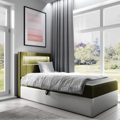 Kontinentálna jednolôžková posteľ 90x200 RAMIRA 1 - biela ekokoža / khaki, pravé prevedenie + topper ZDARMA