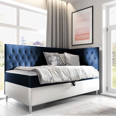 Boxspringová jednolôžková posteľ 90x200 PORFIRO 3 - biela ekokoža / modrá 1, pravé prevedenie + topper ZDARMA