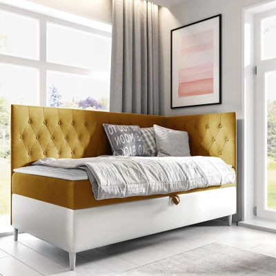 Boxspringová jednolôžková posteľ 90x200 PORFIRO 3 - biela ekokoža / žltá, pravé prevedenie + topper ZDARMA