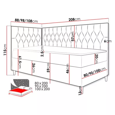 Boxspringová jednolôžková posteľ 90x200 PORFIRO 3 - biela ekokoža / červená, pravé prevedenie + topper ZDARMA