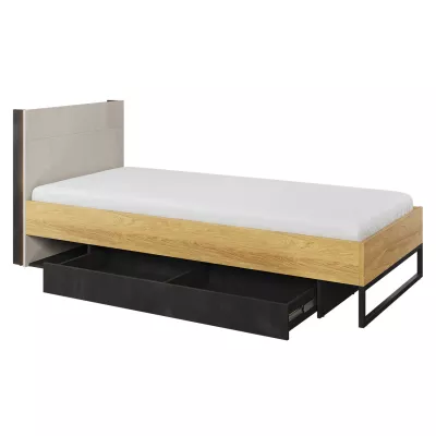 Jednolôžková posteľ so zásuvkou 90x200 cm SONRISA - orech hickory / dub riviera / silk flow