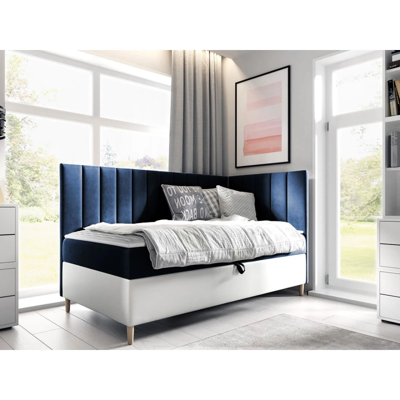 Boxspringová jednolôžková posteľ 100x200 ROCIO 3 - biela ekokoža / modrá 1, pravé prevedenie + topper ZDARMA