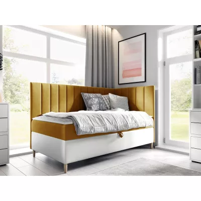 Boxspringová jednolôžková posteľ 100x200 ROCIO 3 - biela ekokoža / žltá, pravé prevedenie + topper ZDARMA