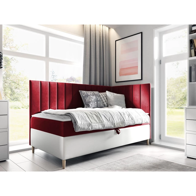Boxspringová jednolôžková posteľ 100x200 ROCIO 3 - biela ekokoža / červená, pravé prevedenie + topper ZDARMA