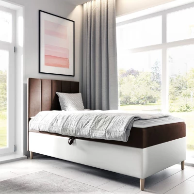 Hotelová jednolôžková posteľ 80x200 ROCIO 1 - biela ekokoža / hnedá 1, pravé prevedenie + topper ZDARMA