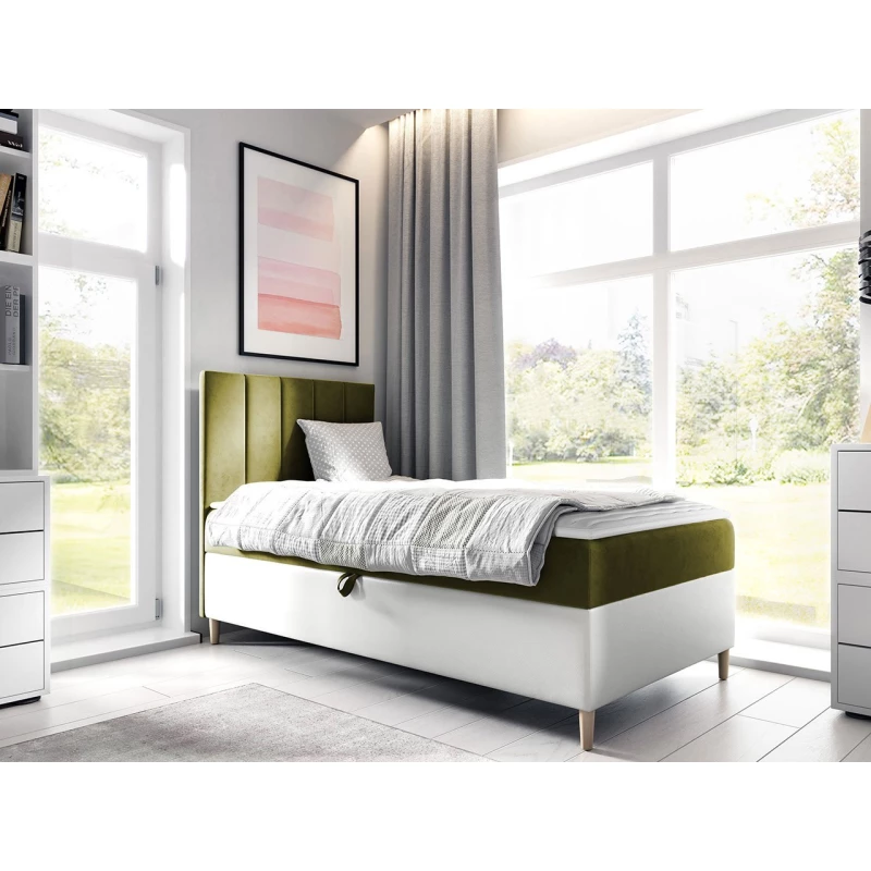 Hotelová jednolôžková posteľ 80x200 ROCIO 1 - biela ekokoža / khaki, pravé prevedenie + topper ZDARMA