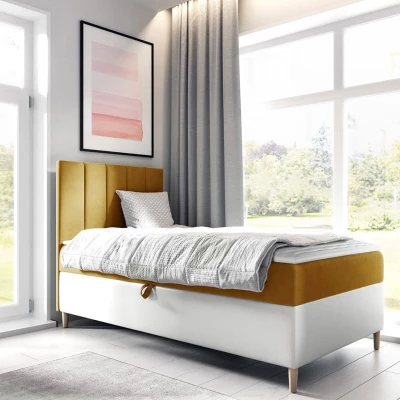 Hotelová jednolôžková posteľ 100x200 ROCIO 1 - biela ekokoža / žltá, pravé prevedenie + topper ZDARMA