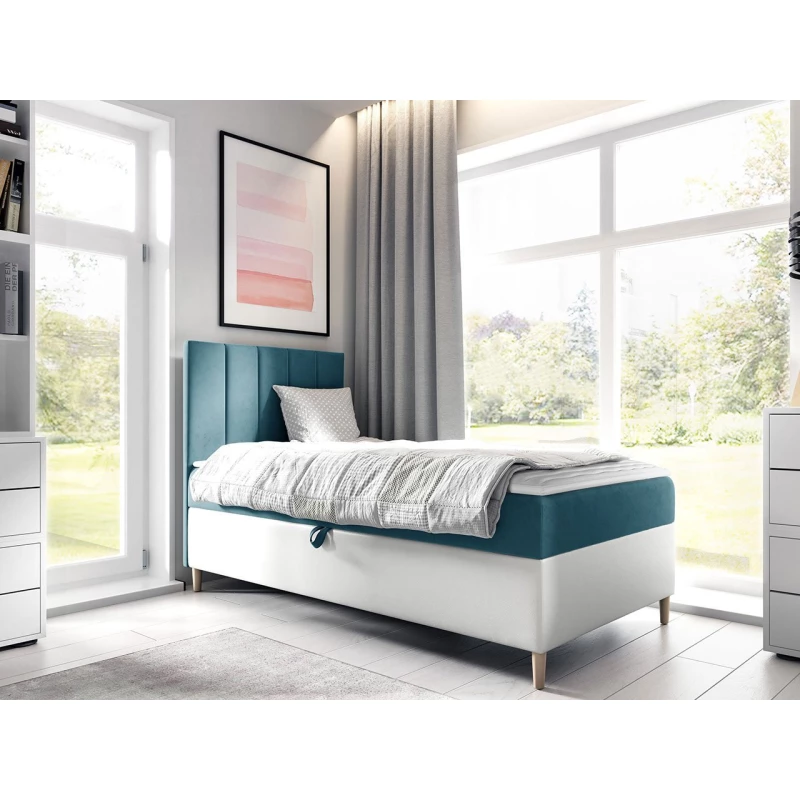Hotelová jednolôžková posteľ 100x200 ROCIO 1 - biela ekokoža / modrá 2, pravé prevedenie + topper ZDARMA