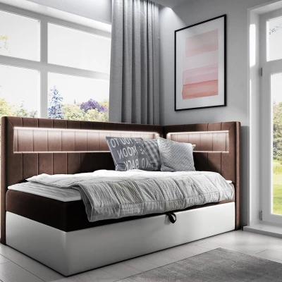 Kontinentálna jednolôžková posteľ 80x200 RAMIRA 3 - biela ekokoža / hnedá 1, pravé prevedenie + topper ZDARMA