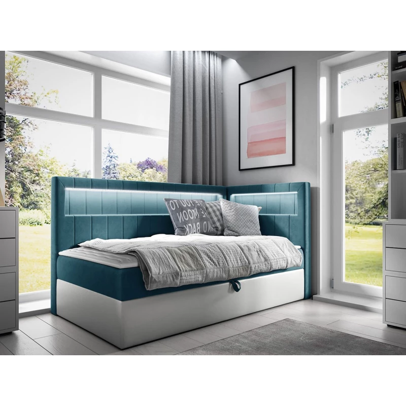 Kontinentálna jednolôžková posteľ 80x200 RAMIRA 3 - biela ekokoža / modrá 2, pravé prevedenie + topper ZDARMA