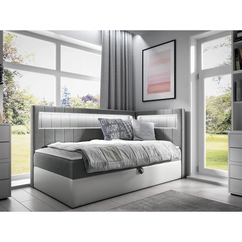 Kontinentálna jednolôžková posteľ 80x200 RAMIRA 3 - biela ekokoža / šedá, pravé prevedenie + topper ZDARMA