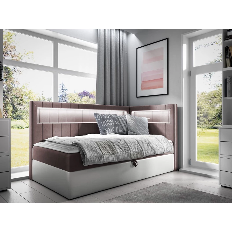 Kontinentálna jednolôžková posteľ 100x200 RAMIRA 3 - biela ekokoža / hnedá 2, pravé prevedenie + topper ZDARMA