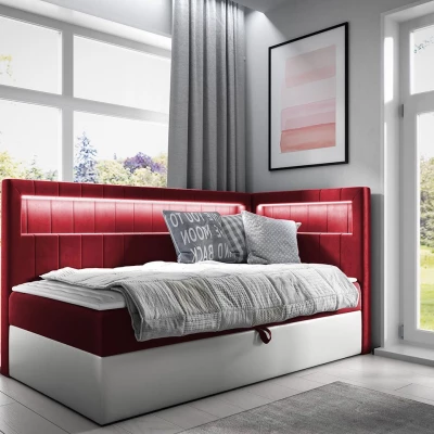 Kontinentálna jednolôžková posteľ 100x200 RAMIRA 3 - biela ekokoža / červená, pravé prevedenie + topper ZDARMA
