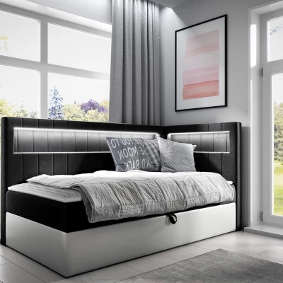 Kontinentálna jednolôžková posteľ 100x200 RAMIRA 3 - biela ekokoža / čierna, pravé prevedenie + topper ZDARMA