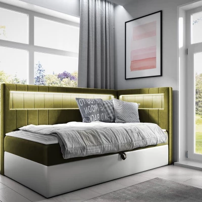 Kontinentálna jednolôžková posteľ 100x200 RAMIRA 3 - biela ekokoža / khaki, pravé prevedenie + topper ZDARMA