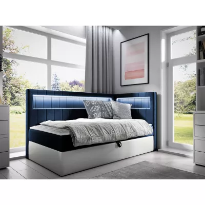Kontinentálna jednolôžková posteľ 100x200 RAMIRA 3 - biela ekokoža / modrá 1, pravé prevedenie + topper ZDARMA