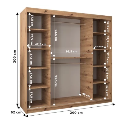 Šatníková zrkadlová skriňa ADELA - 200 cm, dub sonoma