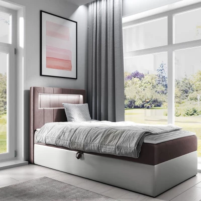 Kontinentálna jednolôžková posteľ 80x200 RAMIRA 1 - biela ekokoža / hnedá 2, pravé prevedenie + topper ZDARMA