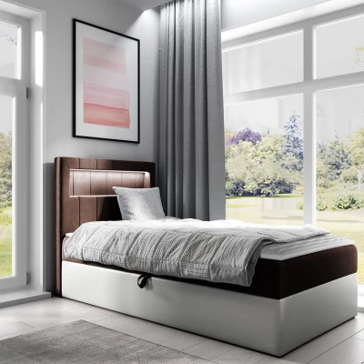 Kontinentálna jednolôžková posteľ 80x200 RAMIRA 1 - biela ekokoža / hnedá 1, pravé prevedenie + topper ZDARMA