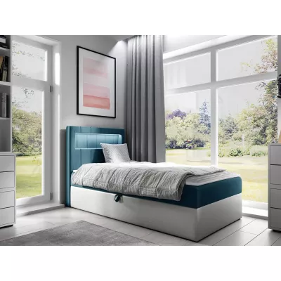Kontinentálna jednolôžková posteľ 80x200 RAMIRA 1 - biela ekokoža / modrá 2, pravé prevedenie + topper ZDARMA