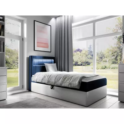 Kontinentálna jednolôžková posteľ 80x200 RAMIRA 1 - biela ekokoža / modrá 1, pravé prevedenie + topper ZDARMA
